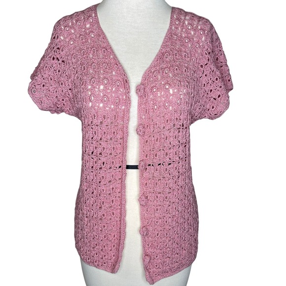 Vintage Dusty Rose Pink Crochet Button Up Cardigan Sweater Short Sleeve Knit - Picture 2 of 5